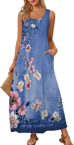 Vista 7 de Vestidos de iglesia para mujer 2025, casual, holgado, sin mangas, largo, fluido, vestido de verano con bolsillos