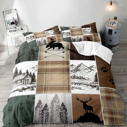 Vista 17 de LUVIVIHOME Juego de funda de edredón de 2 piezas, diseño de oso y alce, ciervo, ciervo, ropa de cama de cabaña, ropa de cama rústica de granja