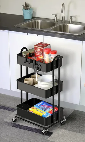 Vista 5 de Simple Houseware - Carrito de metal resistente de 3 niveles, color Negro