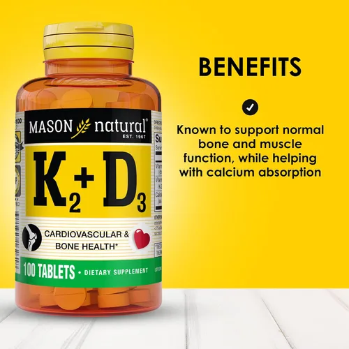 Vista 2 de MASON NATURAL Vitamina K2 100 mcg Plus Vitamina D3 - Apoya la salud ósea, cardiovascular y muscular, 100 tabletas