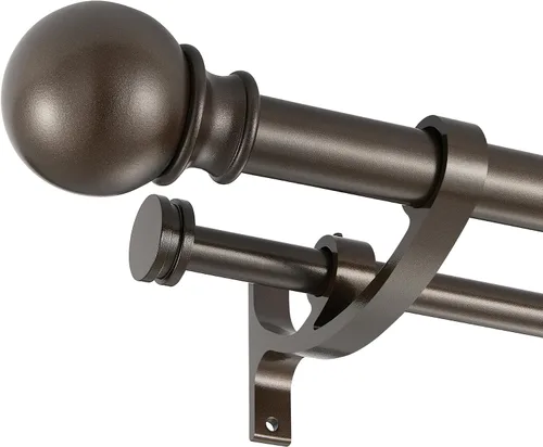 Vista 7 de Barras de cortina dobles con soportes de aluminio para ramo y remates redondos, barras de cortina de bronce antiguo para ventanas de 28 a 48