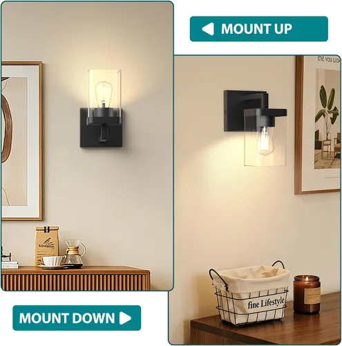 Vista 2 de Juego de 2 apliques de pared, diseño cuadrado, accesorios de iluminación de baño con pantalla de vidrio transparente, luces de pared negras mate
