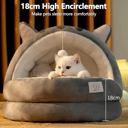 Vista 4 de Bonita cama para gatos, cama interior para gatos con cojín extraíble, casa de campaña de felpa para mascotas, diseño de orejas de dibujos animados