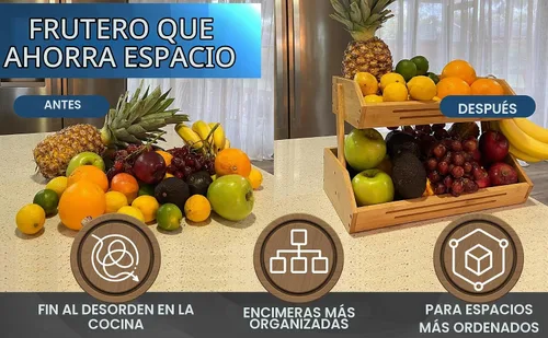 Vista 5 de Cesta de frutas de bambú de 2 niveles para encimera de cocina con ganchos para colgar plátanos, soporte de fruta de madera para encimera de cocina