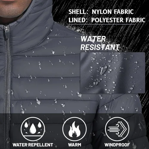 Vista 3 de TACVASEN Chaqueta acolchada con capucha para hombre, impermeable, impermeable, con aislamiento, ligera, cortavientos, acolchada
