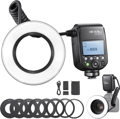Vista 9 de GODOX MF-R76N TTL Macro Ring Flash para Nikon TTL/M Modo 5900K 76Ws 2.4G Control inalámbrico 550 Flash de potencia completa 0.1-1s Tiempo