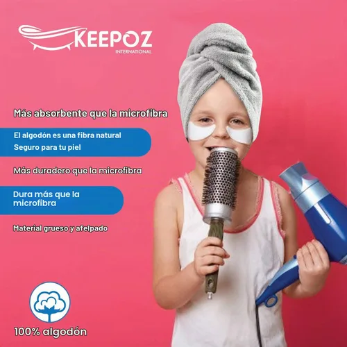 Vista 6 de KEEPOZ Toalla para el cabello de secado rápido, 100% algodón, súper absorbente, turbante para la cabeza para mujeres con botón, productos