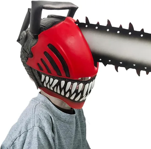 Vista 4 de Máscara de látex de hombre motosierra para adultos y niños, disfraz de anime, cosplay, máscara de cara completa con capucha de Halloween, accesorios