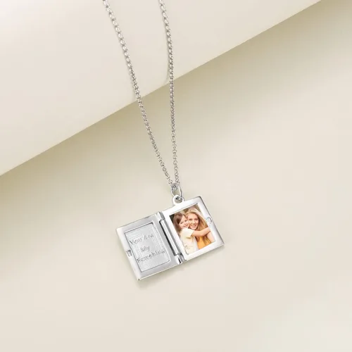 Vista 3 de YFN Collar con medallón fotográfico de plata de ley 925, collar de libro que sostiene fotos, regalos de cumpleaños para mujeres y madres