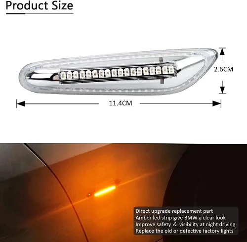 Vista 7 de D-Lumina Luces direccionales LED cromadas para BMW E90 E91 E92 E93 E46 E53 E60 E61 X3 E83 X1 E84 E81 E82 E87 E88, lente transparente ámbar lámparas
