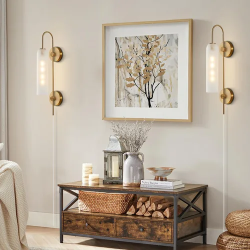 Vista 9 de BOKT Apliques de pared modernos de mediados de siglo con enchufe para interiores, largos, oro cepillado, vidrio blanco leche, apliques