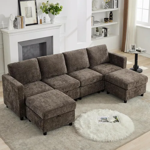 Vista 58 de WUTUTUEE Sofá seccional modular en forma de L de 83" con almacenamiento y otomano móvil, sofá convertible de 4 asientos reversible chaise de Beige