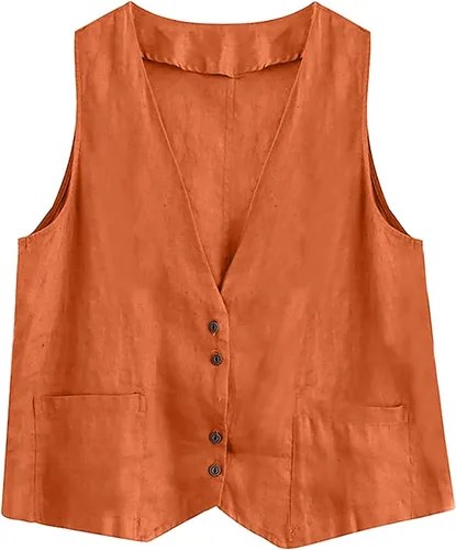 Vista 13 de COTECRAM Chaleco de lino de algodón para mujer, casual, sin mangas, con botones, ligero, para verano, holgado, ropa de abrigo