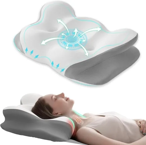 Vista 9 de FUNCCUBE Almohada cervical para el cuello – Almohadas de espuma viscoelástica para aliviar el dolor dormir con funda de almohada refrescante, Queen