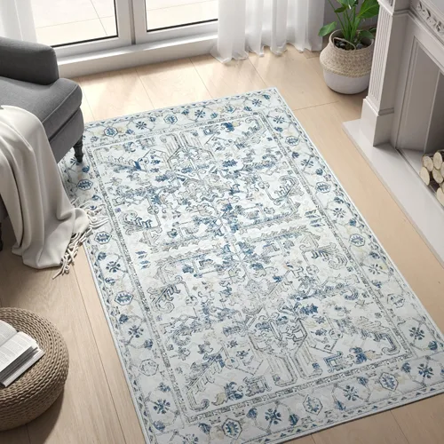 Vista 194 de jinchan Lima - Alfombra simétrica floral geométrica lavable, alfombra de entrada de medio círculo de 2 x 3, alfombra de media luna, suave y Azul