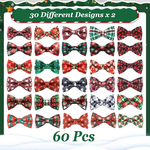 Vista 4 de Silkfly 60 piezas de collar de perro a cuadros de Navidad, corbatín a granel, accesorios de vacaciones, lazos para cachorros, collares desmontables