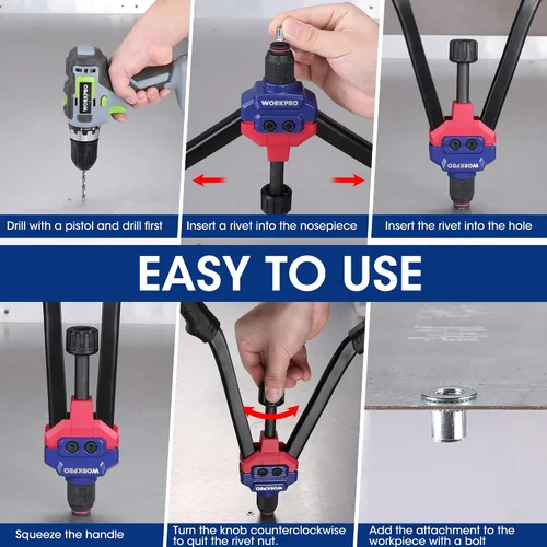 Vista 6 de WORKPRO Nutsert - Herramienta de tuerca remachadora de 16 pulgadas, kit de herramientas de remache con 11 mandriles métricos y SAE, kit surtido