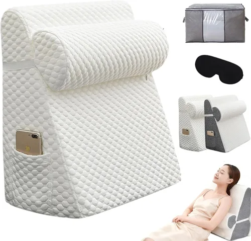 Vista 8 de Juego de almohada de cuña ortopédica ajustable para dormir, incluye una almohada para el cuello, espuma viscoelástica de alta calidad y funda Gris