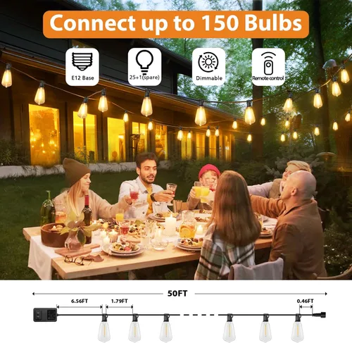 Vista 6 de Brightever Tira de luces regulables para exteriores con control remoto, 3 colores en 1 luz LED de patio para exteriores con 25+1 bombillas Edison
