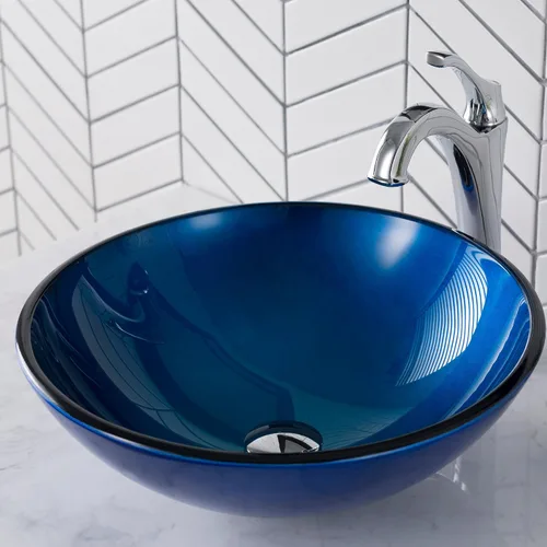 Vista 3 de KRAUS Fregadero de baño redondo de vidrio azul, 16 1/2 pulgadas GV-204
