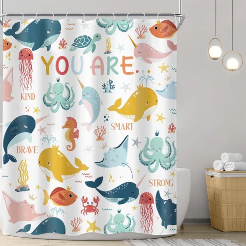 Vista 2 de Riyidecor Ocean - Cortina de ducha para niños, 60 pulgadas de ancho x 72 pulgadas de alto, diseño de ballena, dibujos animados, animales, delfín