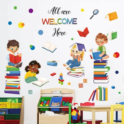 Vista 3 de wondever Calcomanías de pared de esquina de lectura, citas inspiradoras para niños, con citas inspiradoras All are Welcome Here Peel and Stick