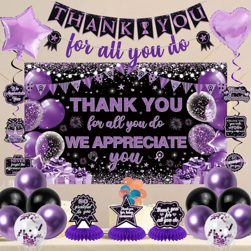 Vista 6 de Vlipoeasn Decoraciones de Pancarta We Appreciate You, Pancarta de Fondo Negro Morado Thank You for All You Do Panal de Abeja, Decoración de Oficina