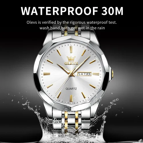Vista 4 de OLEVS Watch for Men Diamond Business Dress Analog Quartz Stainless Steel Waterproof Luminous Date Two Tone Luxury Casual Wrist Watch Blue