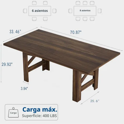 Vista 2 de Garvee Mesa de comedor de madera para 6-8, mesa de cocina grande resistente, mesas de comedor rectangulares de 70.87 pulgadas de largo con patas
