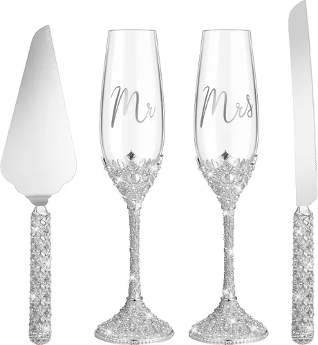 Vista 8 de Sratte - Juego de 4 cuchillos para pastel de boda y copas de champán, color dorado Toasting Crystal Rhinestone Champagne Flutes, Glasses Cake