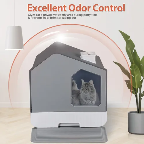 Vista 4 de LEMY Caja de arena grande cerrada para gatos, caja de arena gris con alfombrilla y cuchara de arena para gatos, inodoro inodoro inodoro