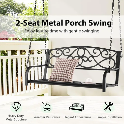 Vista 4 de Giantex Columpios de metal para porche, banco de jardín colgante para 2 personas al aire libre con cadenas resistentes, asiento ancho y reposabrazos