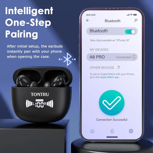 Vista 3 de Auriculares inalámbricos, auriculares Bluetooth 5.3 con reducción de ruido ENC/ANC, pantalla LED de potencia, control táctil, resistentes al agua