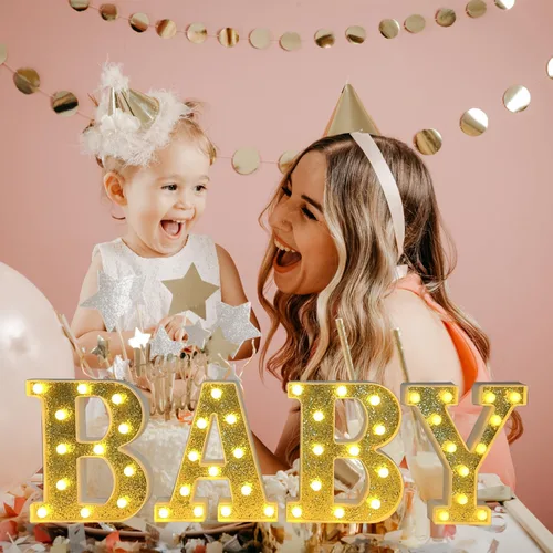 Vista 5 de BABY - Letras iluminadas de marquesina, luz decorativa LED grande para bebé, letras emisoras de luz blanca cálida, baby shower, cumpleaños, familia