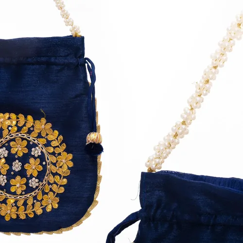 Vista 3 de Potli Bolso de mano Batawa bordado adornado hecho a mano, tradicional, étnico, dorado, trabajo, boda, bolso de mano para niñas y mujeres