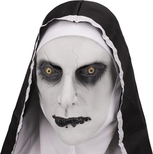 Vista 4 de Starsouce Máscara de monja de látex aterradora con bufanda, disfraz de monja de terror, máscaras de cabeza completa para disfraces de Halloween