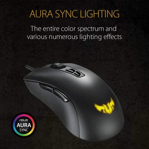 Vista 3 de ASUS TUF Gaming M3 Mouse ergonómico RGB con cable con sensor de 7000 ppp construcción ligera revestimiento duradero interruptores de alta