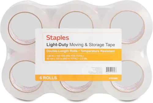 Vista 4 de STAPLES Cinta ligera para mudanza y almacenamiento, 1.88 pulgadas x 109 yardas, transparente, paquete de 6 rollos