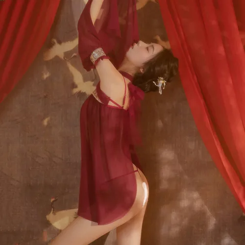 Vista 5 de Lencería sexy china transparente para mujer, vestido Hanfu bordado para mujer