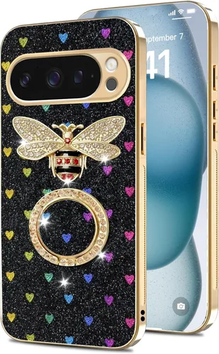 Vista 49 de nancheng Funda para Google Pixel 6 de lujo, diseño de abeja, corazón y abeja, chapado en oro, con anillo de diamante de 360°, correa de cordón