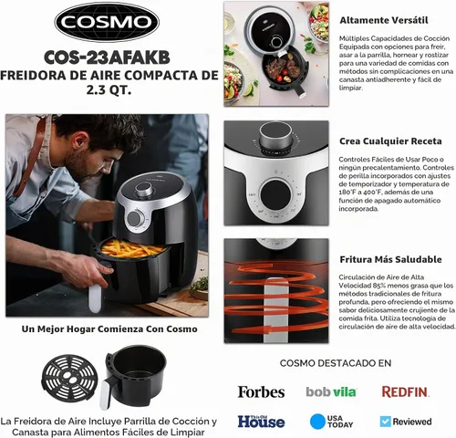 Vista 3 de COSMO COS-23AFAKB Freidora de Aire Eléctrica Pequeña de 2.3 Cuartos con Control de Temperatura, Temporizador, Apagado Automático, Bandeja de Freír