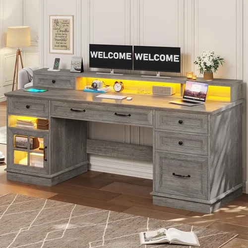 Vista 7 de BTHFST Escritorio ejecutivo estilo granja con cajón para archivos, escritorio para computadora con estación de carga y luces LED, escritorio de Gris