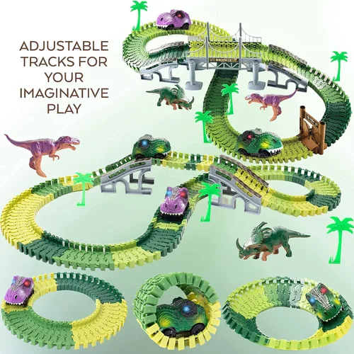 Vista 8 de TOYLI Juego de pista de carreras de dinosaurios de 182 piezas, pista de dinosaurio flexible con puente, rampas, juguete de pista de dinosaurios es