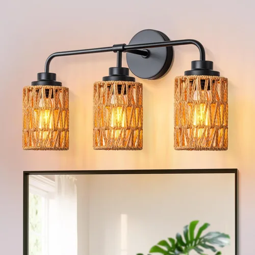 Vista 13 de Lámparas de baño bohemias, luces rústicas de tocador de 2 luces sobre el espejo, iluminación de ratán de granja con persianas tejidas a mano