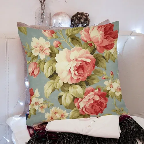 Vista 8 de Funda de almohada romántica de color aguamarina con rosas de col rosa, fundas de almohada florales de rosa francesa, funda de almohada