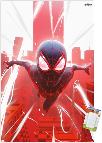 Vista 19 de Marvel's Spider-Man: Miles Morales - Póster de Falling Wall, 22.4 pulgadas de largo x 14.7 pulgadas de ancho, versión enmarcada de madera de granero