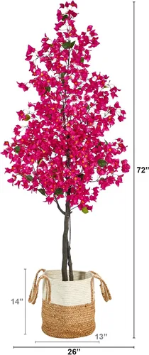 Vista 2 de Nearly Natural Árbol de buganvilla artificial rosa de 6 pies con cesta de yute y algodón hecha a mano