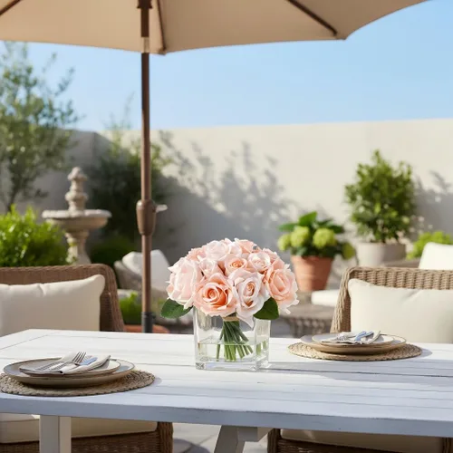 Vista 5 de 18 cabezas de rosas de imitación en jarrón, arreglo floral de rosas de Aritificail con jarrón para mesa de comedor, dormitorio, decoración de boda