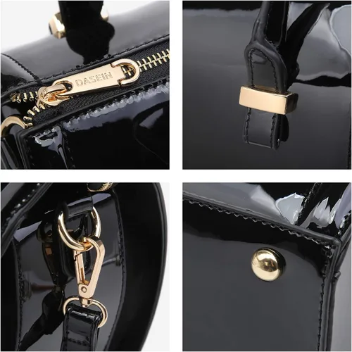 Vista 5 de Bolso de mano brillante de piel sintética con asa superior de barril para mujer