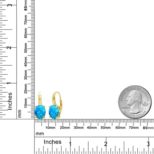 Vista 3 de Gem Stone King Aretes ovalados de plata chapados en oro amarillo de 18 quilates con ópalo de imitación azul Metal Gema Ópalo